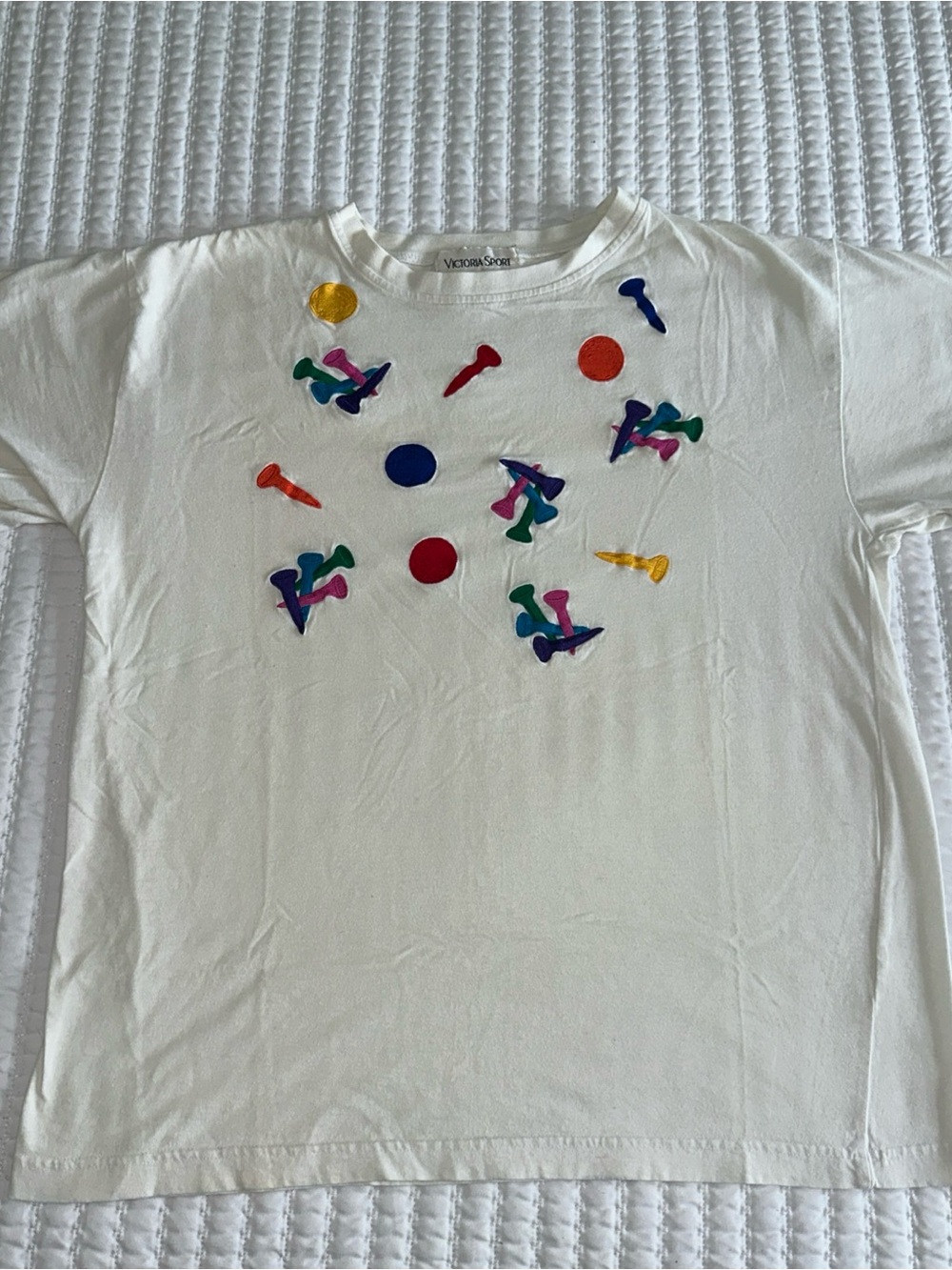 Vintage Y2K Victoria Sport Golf Tee Ball Applique Graphic T Shirt White L